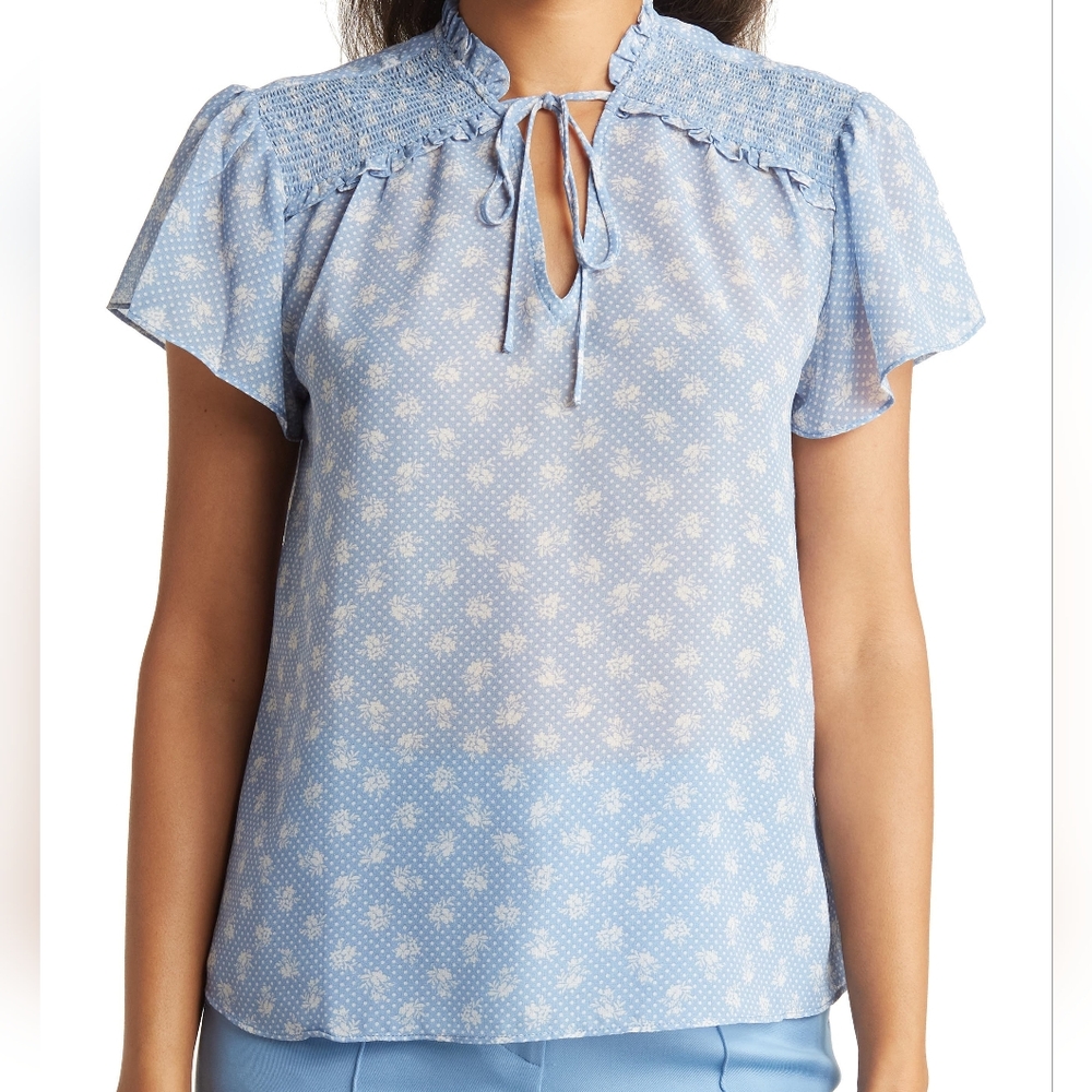 Everliegh Smocked Shoulder Tie Front Blouse
